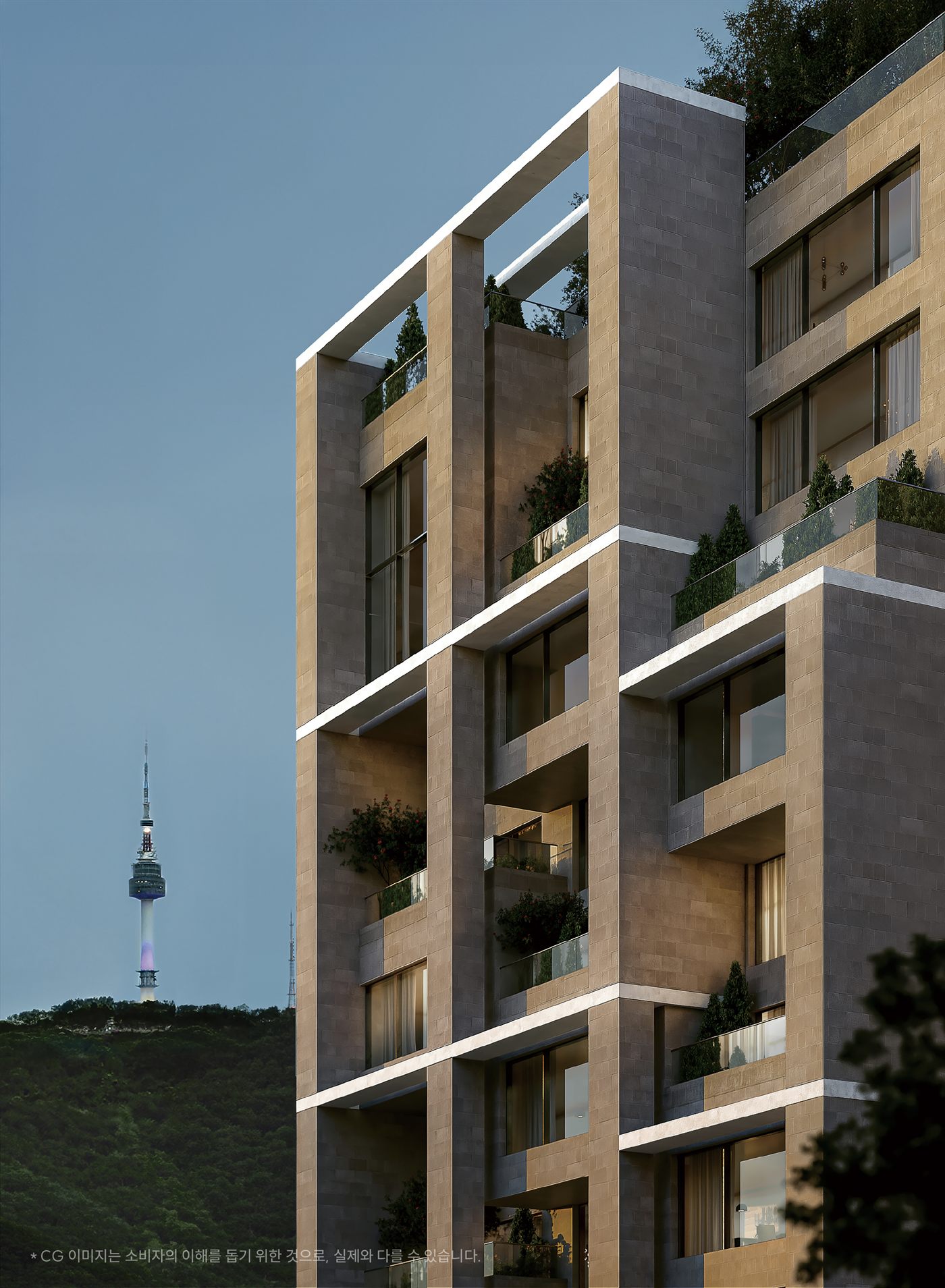 Official Eterno Yongsan facade rendering with N Seoul Tower behind
