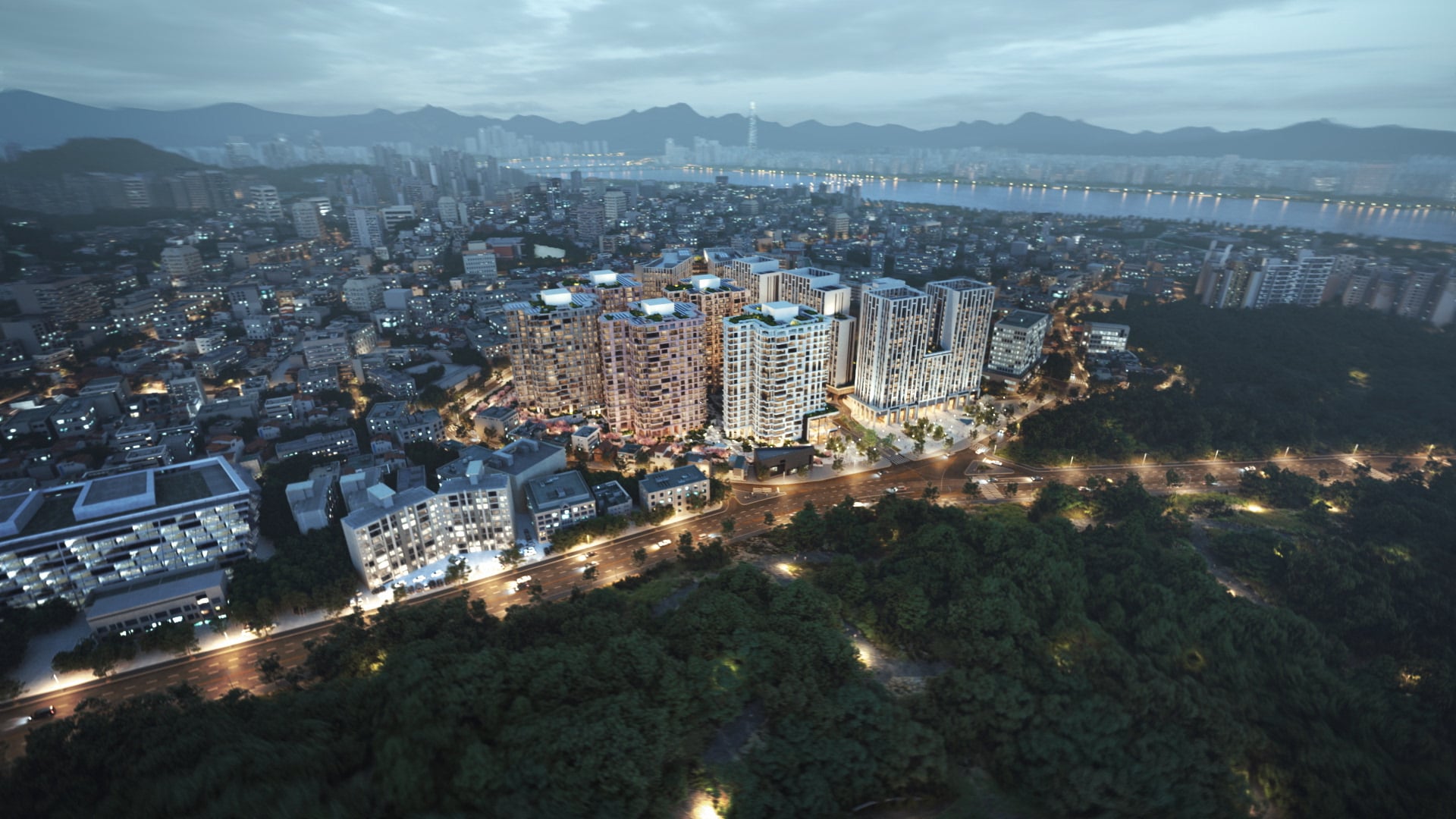 Official aerial rendering of The Parkside Seoul beside Yongsan Park